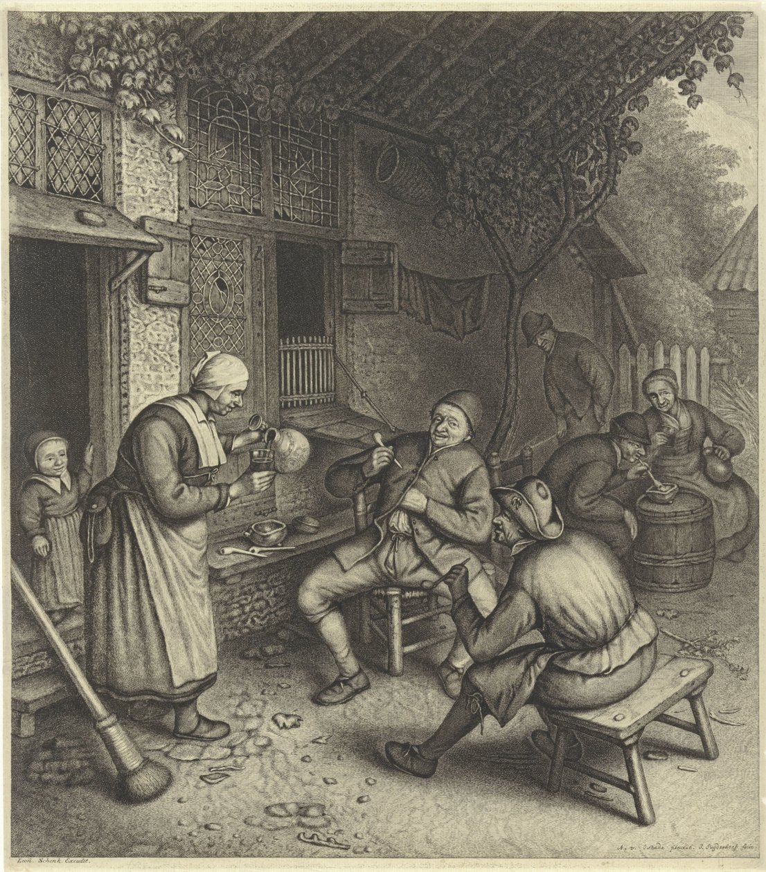 Bir hanın önündeki terasta çiftçiler by Jonas Suyderhoef