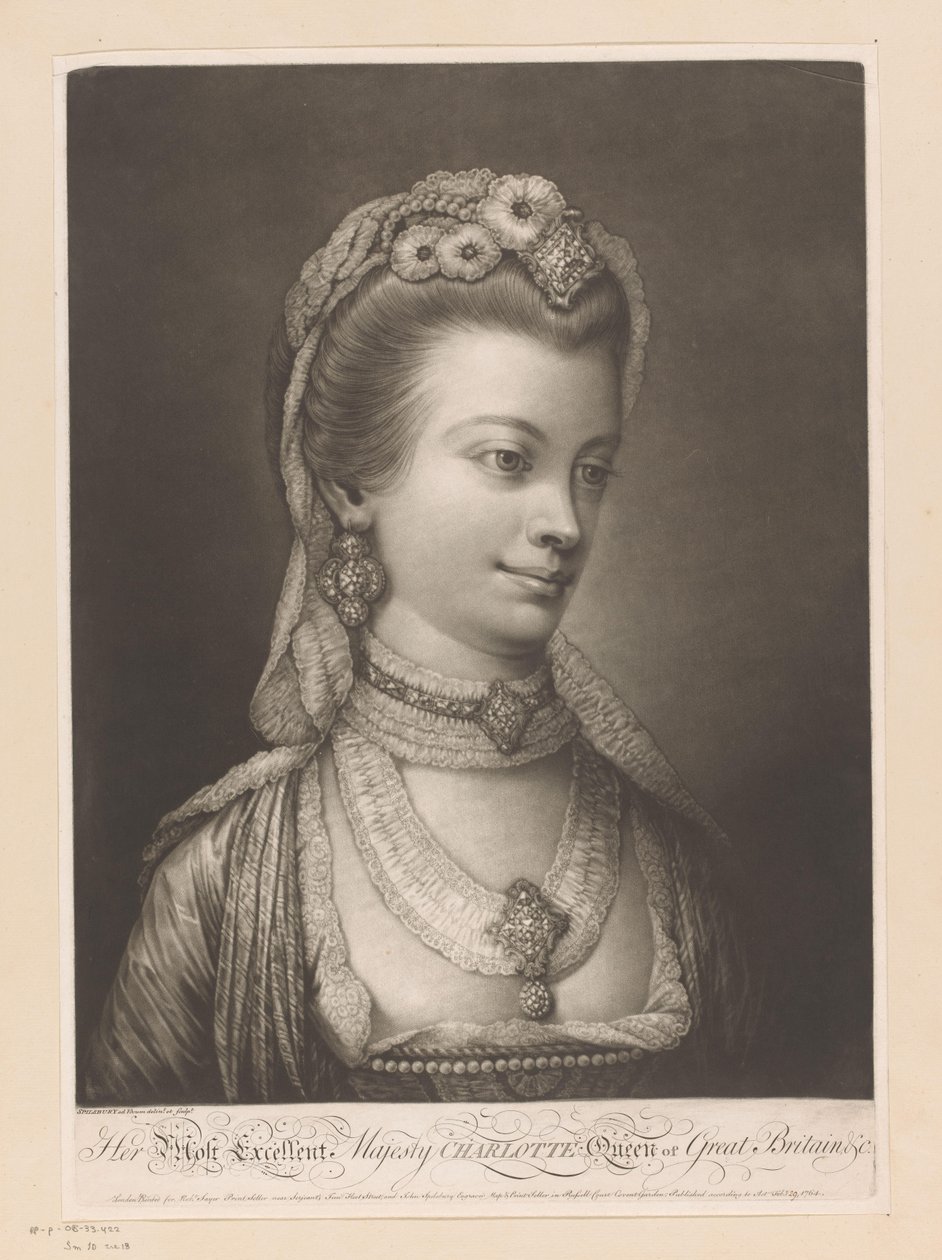Portret van Charlotte van Mecklenburg En Mükemmel Majesteleri Charlotte Büyük Britanya Kraliçesi, &c. (nesne üzerindeki başlık) by Jonathan Spilsbury
