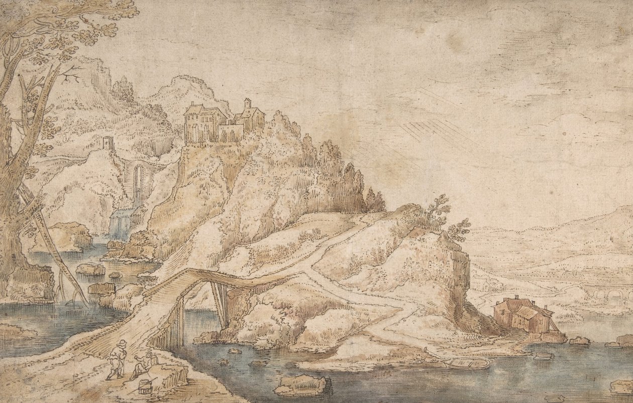 Nehir, Köprü ve Solda İki Figürlü Evler ile Tepelik Manzara, 16. yüzyılın sonu - 17. yüzyılın ortası. by Joos de Momper the Younger.