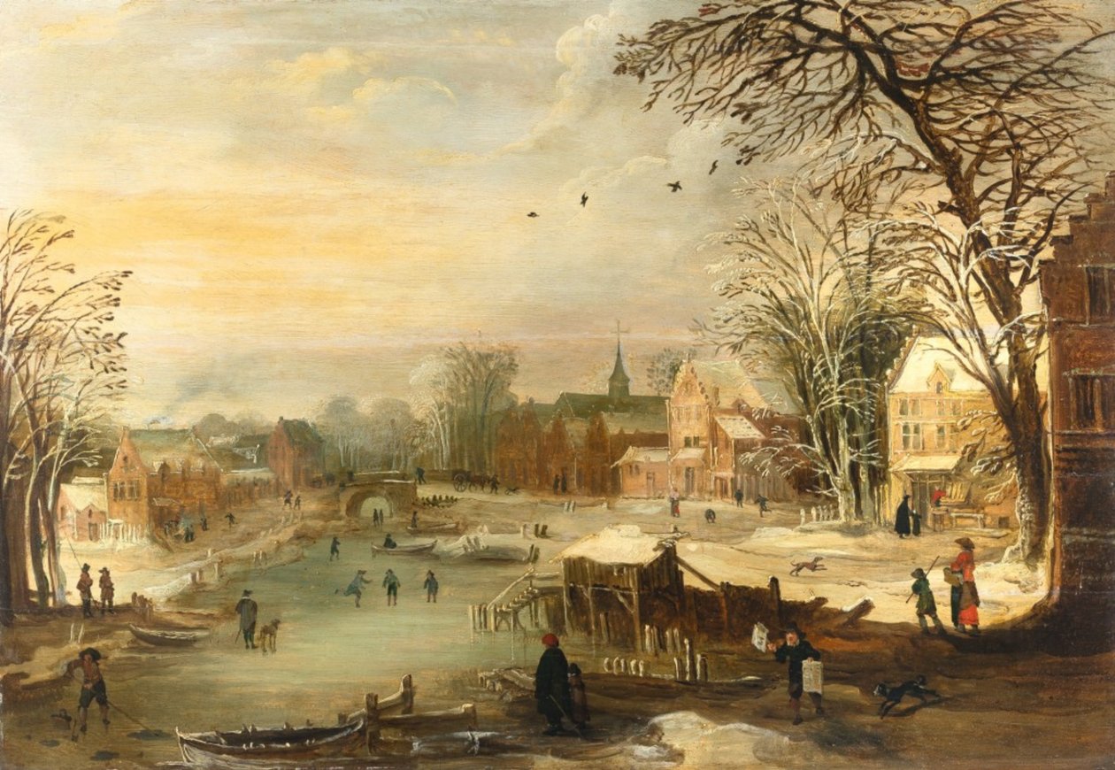 Donmuş bir nehir kenarında kış köyü manzarası by Joos de Momper the younger