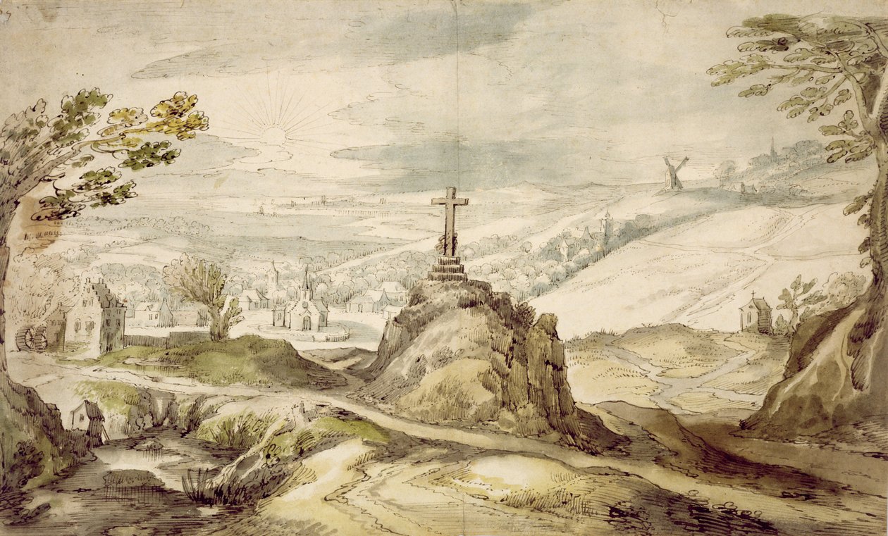 Haçlı Dağlık Manzara (kağıt üzerinde kalem, yıkama ve klozet) by Joos or Josse de Momper