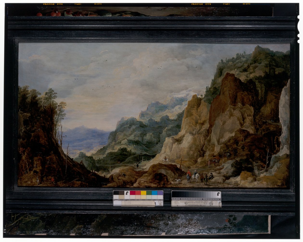 Kalfaların fakirlere verdiği panoramik dağlık bir manzara, ötede yük atları by Joos or Josse de The Younger Momper