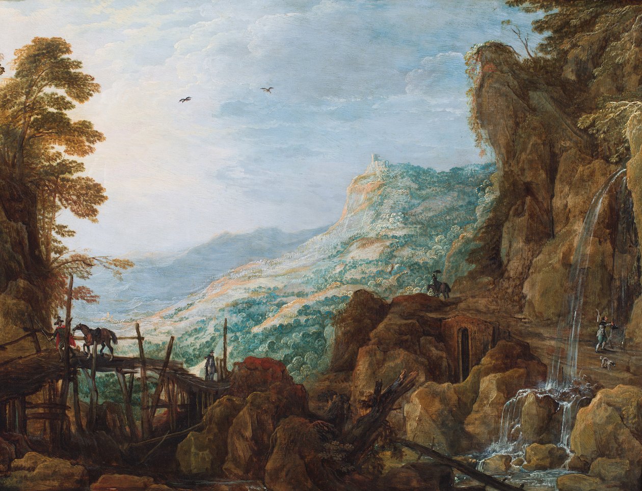 Köprü üzerinde bir atlı ve bir şelale ile kayalık dağlık bir manzara (panel üzerine yağlıboya) by Joos or Josse de The Younger Momper