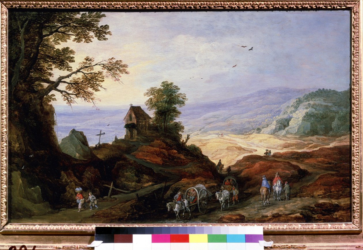 Tepedeki Şapel ile Manzara. Pulluklu köylüler yollarda yürüyor. Joos de Momper Le Jeune (1564-1635), 1608-1610 dolaylarında tablo. Flaman sanatı. Ahşap üzerine yağ. Pushki Güzel Sanatlar Müzesi by Joos or Josse de The Younger Momper