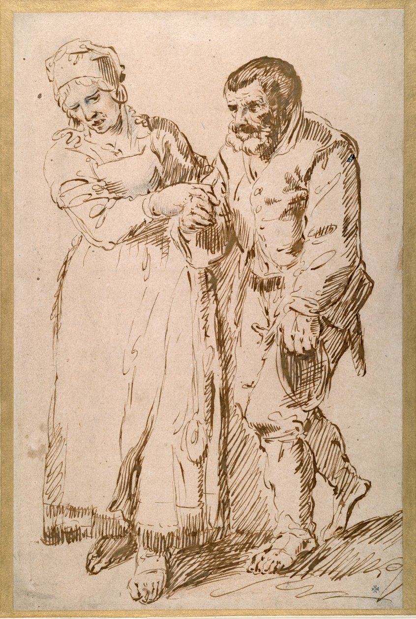 Karısının rehberliğinde yaşlı bir köylünün adımları (kağıt üzerinde tebeşirle kalem ve mürekkep) by Joos van (attr. to) Craesbeeck