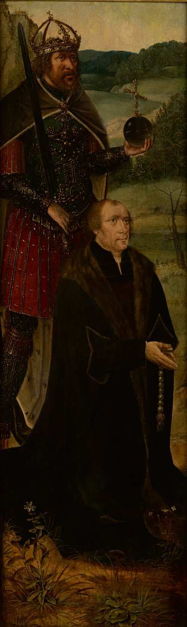 Kral Konstantin ve bir bağışçı; bir sunağın bir kanadı (panelde yağ) by Joos van (follower of) Cleve