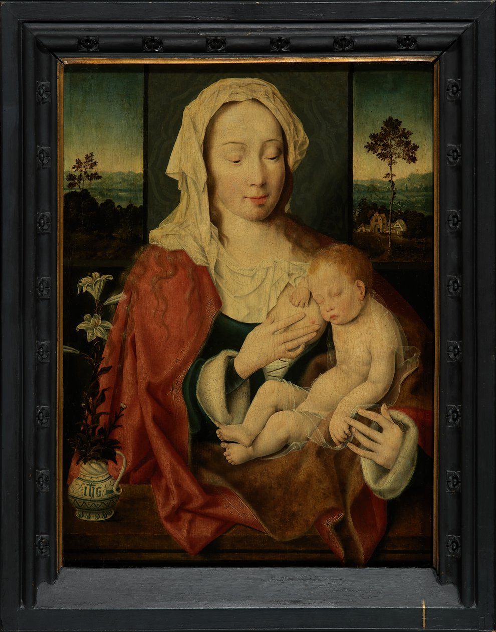 Uyuyan Bebek İsa ile Kutsal Bakire (panelde yağlı boya) by Joos van Cleve