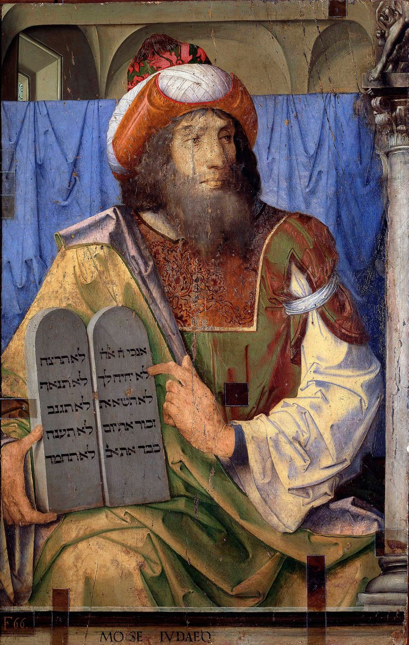 Ünlü adamların portreleri: Musa ve kanun tabloları. Joos van Wassenhove (veya Justus van Gent, Josse veya Jodocus of Ghent veya 1460-1475 arasında aktif olan Giusto di Ghent veya Juste de Ghent olarak da bilinir). Ahşap üzerine boyama. Karartma: 74 x 115 c by Joos van Gent (fl.1460 75)