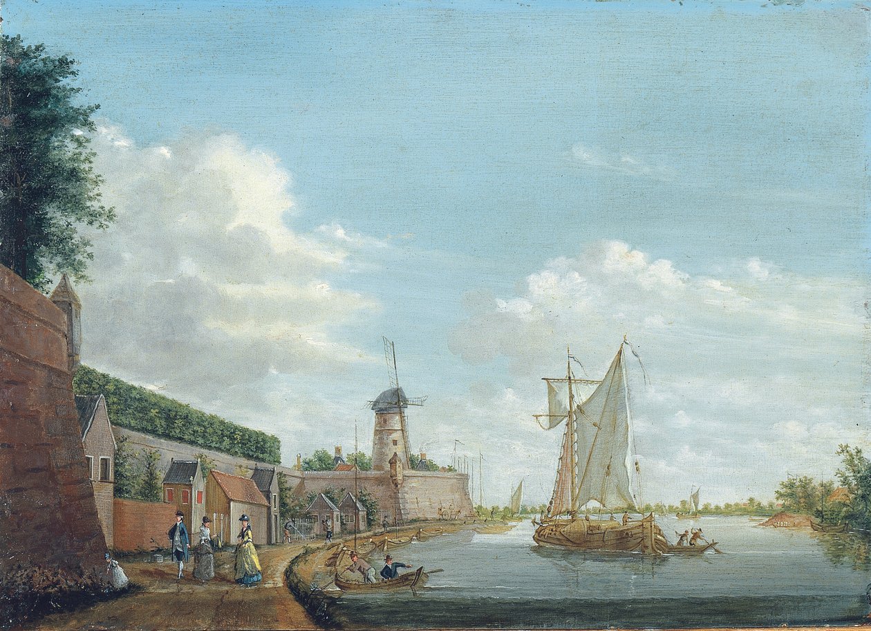 Şehir surunun yanında gezinen zarif kasaba halkının olduğu bir nehir manzarası, c.1776 by Jordanus Hoorn