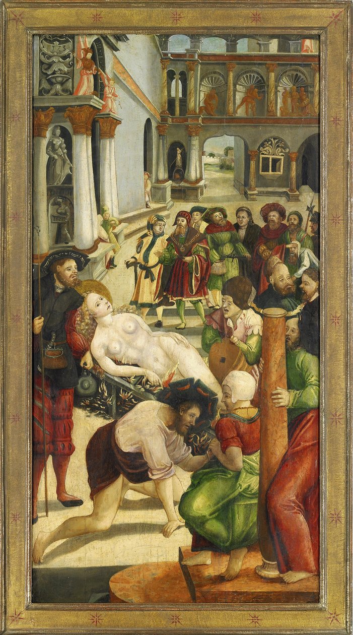 Sainte Agathe sur le bucher - Yanan. Aziz Agatha Sunağı'ndan kanat - Greimold, Joerg (Jorg) (yaklaşık 1500-1540 sonrası) - 1523 - Ahşap üzerine yağlı boya - 109x57 - Stadtmuseum Weilheim by Jörg Greimold