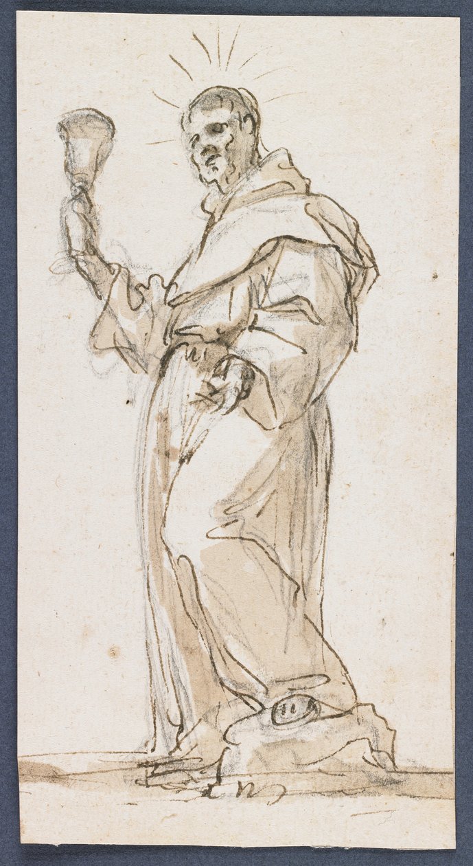 Ayakta duran Erkek Aziz, Kadeh Tutarak, 17. yüzyılın sonları (siyah tebeşir üzerine kalem ve kahverengi mürekkep ve yıkama) by Jorge Preu