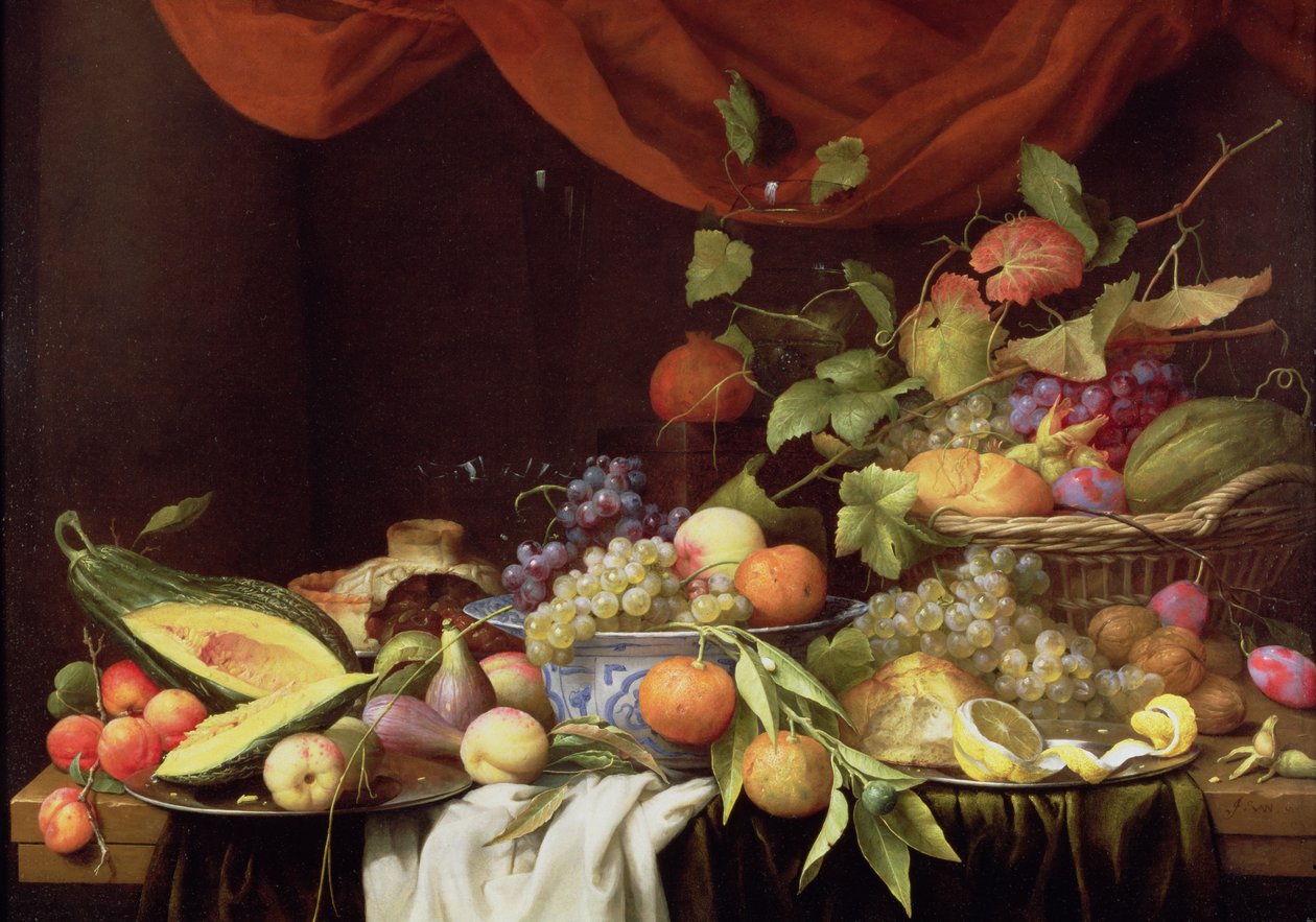 A Still Life of Fruit on a Draped Ledge  by Joris van Son