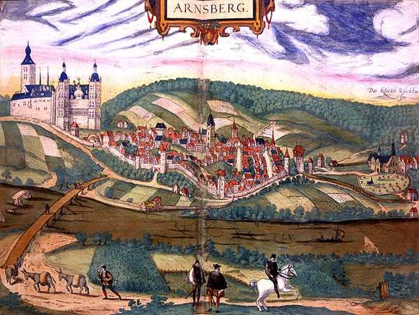 Arnsberg haritası, Georg Braun (1541-1622) ve Frans Hogenberg (1535-90) c.1572-1617 (renkli gravür) tarafından yazılan 