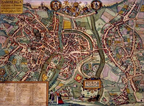 Bamberg Haritası, Georg Braun (1541-1622) ve Frans Hogenberg (1535-90) c.1572-1617 (renkli gravür) tarafından 