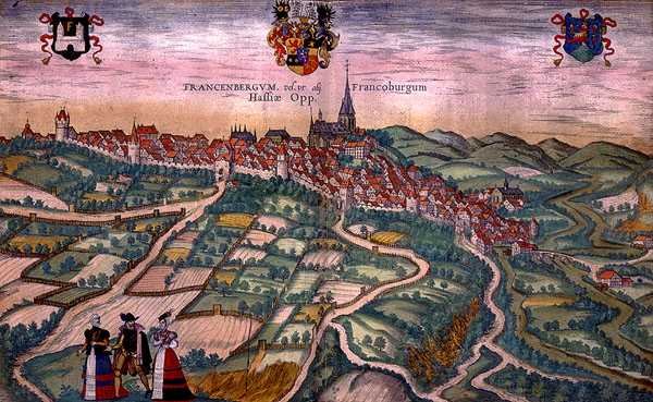 Frankenburg Haritası, Georg Braun (1541-1622) ve Frans Hogenberg (1535-90) c.1572-1617 (renkli gravür) tarafından 