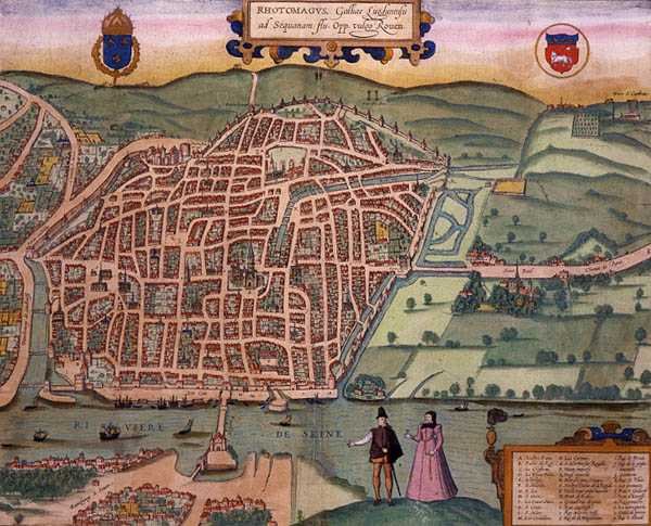 Rouen Haritası, Georg Braun (1541-1622) ve Frans Hogenberg (1535-90) c.1572-1617 (renkli gravür) tarafından 