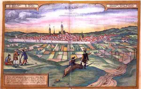 Georg Braun (1541-1622) ve Frans Hogneberg (1535-90) tarafından 'Dünya Şehirleri'nden St Polten Haritası by Joris (after) Hoefnagel