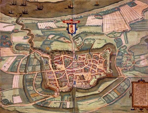 Stade Haritası, Georg Braun (1541-1622) ve Frans Hogenberg (1535-90) c.1572-1617 (renkli gravür) tarafından 