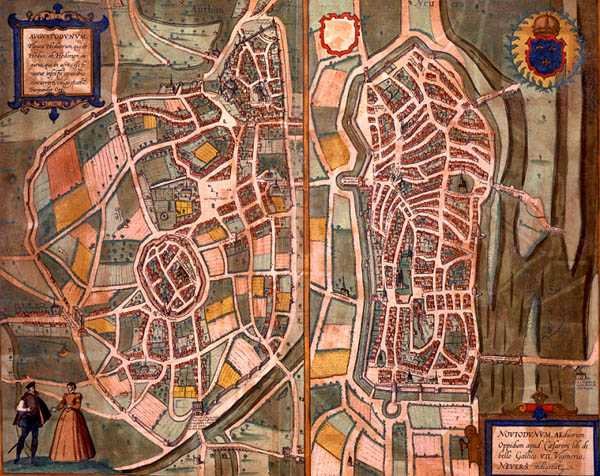 Autun ve Nevers Haritaları, Georg Braun (1541-1622) ve Frans Hogenberg (1535-90) c.1572-1617 (renkli gravür) tarafından 