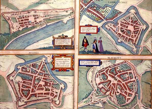 Charlemont, Landrechies, Avesnes ve Beaumont haritaları, Georg Braun (1541-1622) ve Frans Hogenberg (1535-90) c.1572-1617 (renkli gravür) tarafından 
