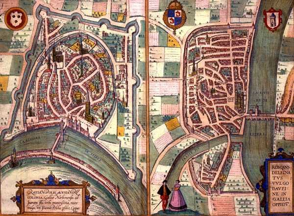 Grenoble ve Romans-sur-Isere haritaları, Georg Braun (1541-1622) ve Frans Hogenberg (1535-90) c.1572-1617 (renkli gravür) tarafından 