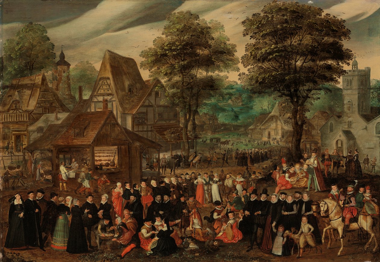 Alayda zarif giyimli figürler, ötesinde bir nehir ve kule ile bir köy festivali by Joris Hoefnagel