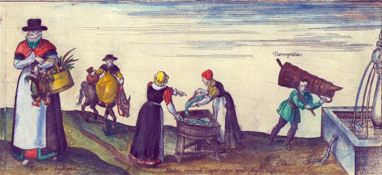 Pazara giden köylüler, turna satan eşler ve çeşmeden su getiren çırak, 1598 el boyaması bakır oyma detayı 324184 by Joris Hoefnagel