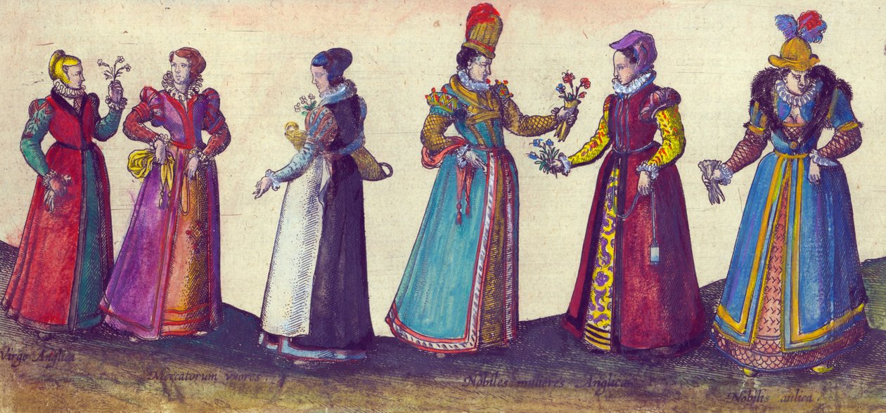 Elizabeth dönemi İngiliz kadınları, 1598 (el renkli bakır gravür) by Joris Hoefnagel