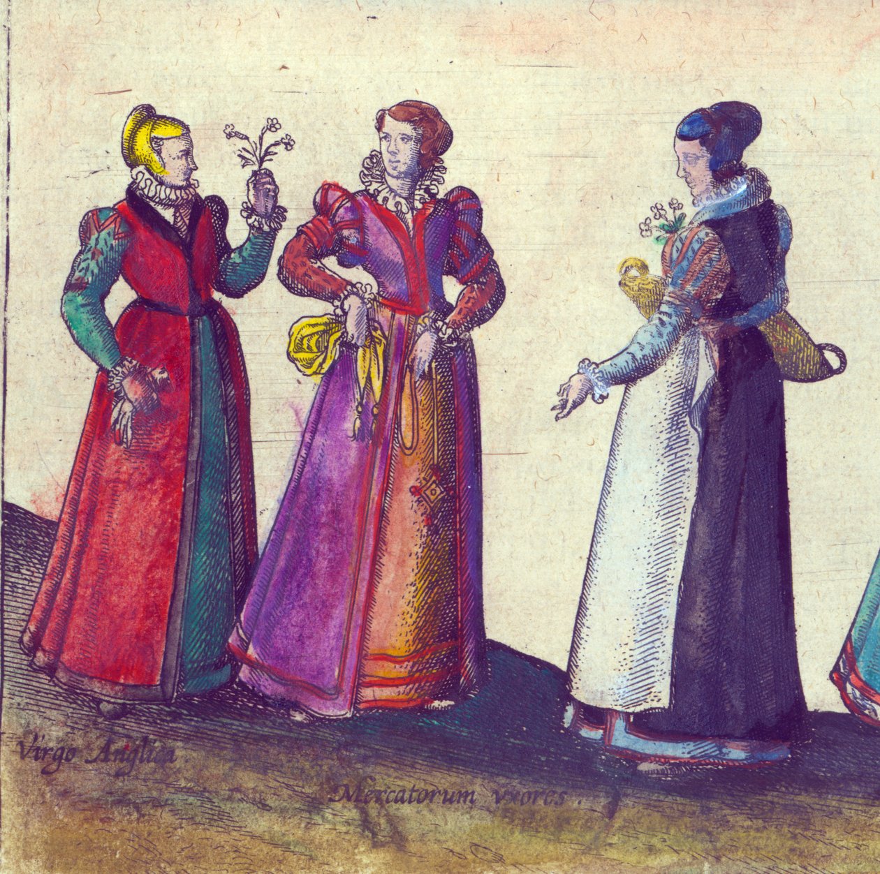 Elizabeth dönemi İngiliz kadınları, 1598 (el renkli bakır gravür) by Joris Hoefnagel