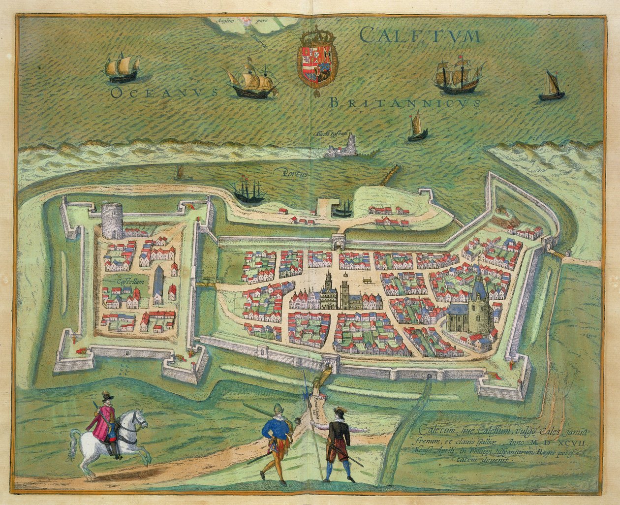 Calais Haritası, Georg Braun (1541-1622) ve Frans Hogenberg (1535-90), 1597 (renkli gravür) tarafından 