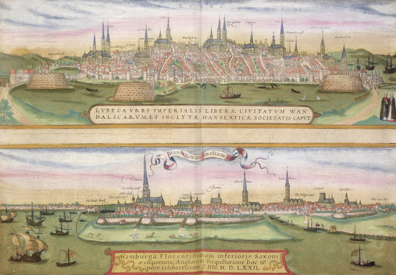 Lübeck ve Hamburg haritası, Georg Braun (1541-1622) ve Frans Hogenberg (1535-90), c.1572 (renkli gravür) tarafından 'Civitates Orbis Terrarum'dan by Joris Hoefnagel