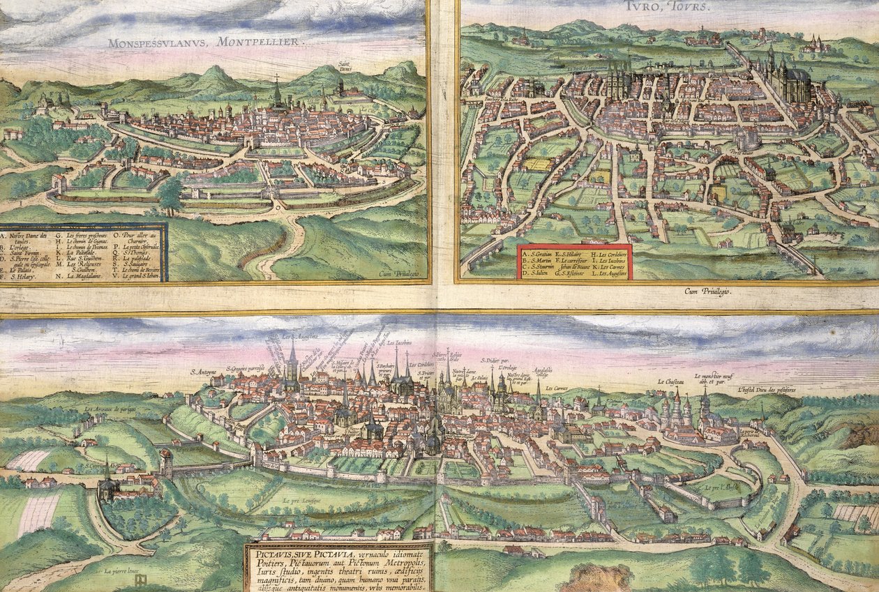 Montpellier, Tours ve Poitiers Haritası, Georg Braun (1541-1622) ve Frans Hogenberg (1535-90), c.1572 tarafından yazılan 