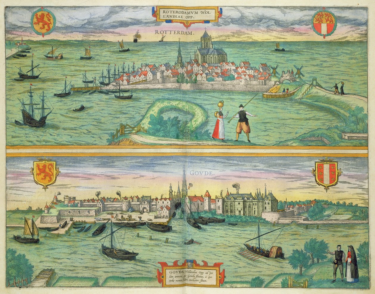Rotterdam ve Gouda haritası, Georg Braun (1541-1622) ve Frans Hogenberg (1535-90) c.1572-1617 tarafından 