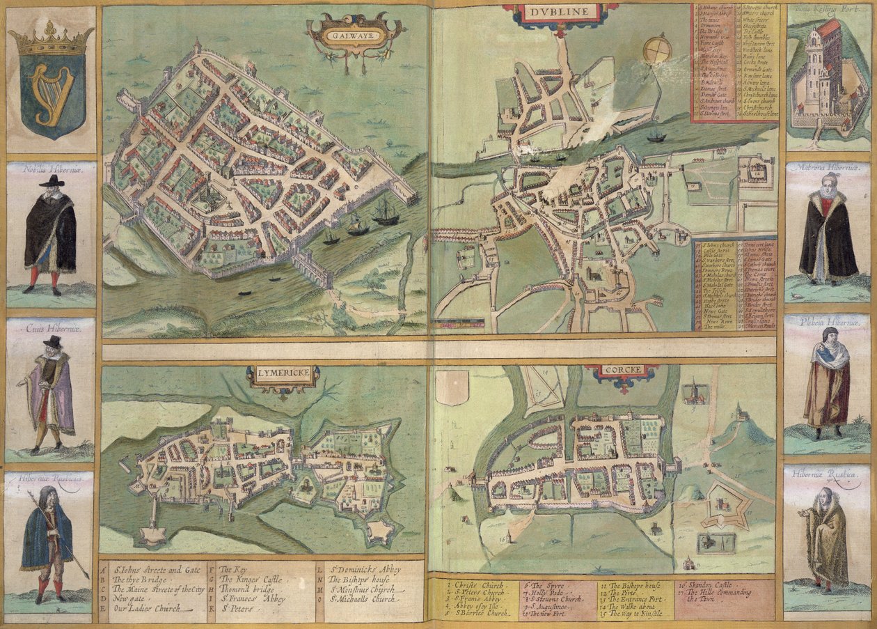 Georg Braun (1541-1622) ve Frans Hogenberg (1535-90), c.1573 tarafından 'Civitates Orbis Terrarum'dan Galway, Dublin, Limerick ve Cork haritaları by Joris Hoefnagel