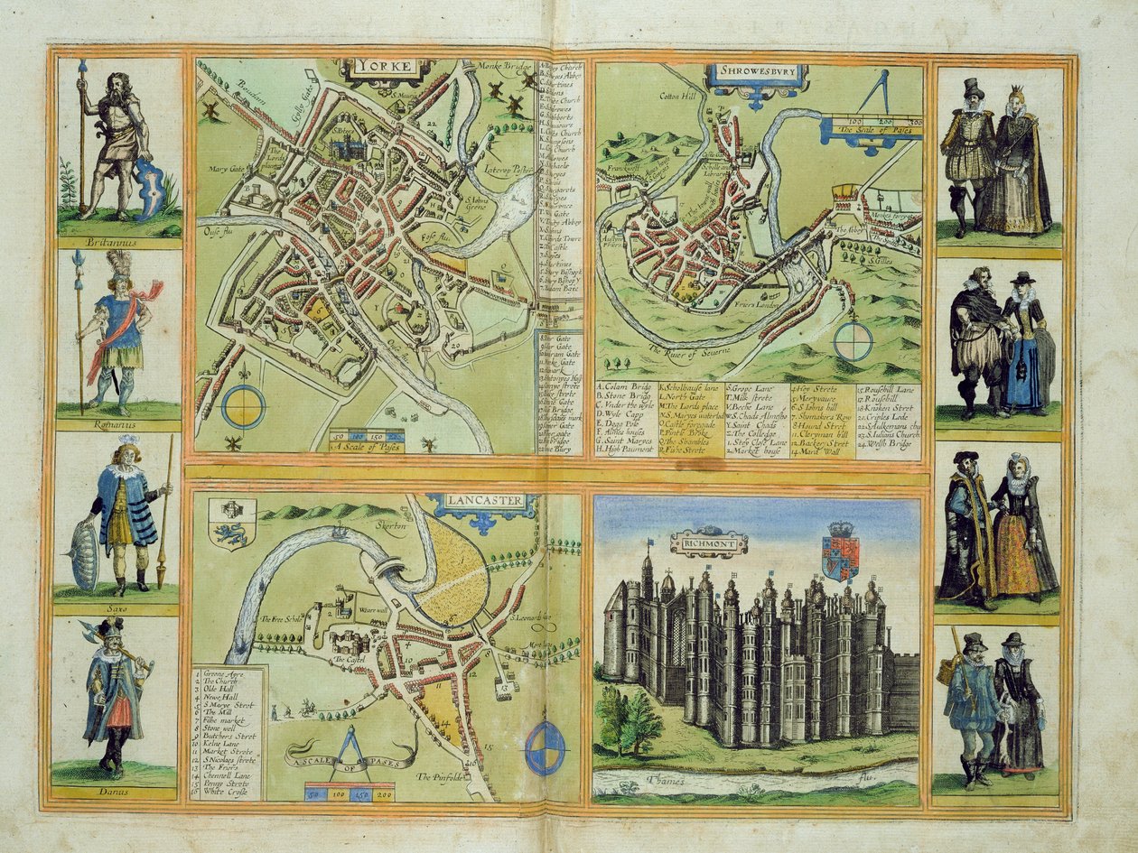 York, Shrewsbury, Lancaster ve Richmond haritaları, Georg Braun (1541-1622) ve Frans Hogenberg (1535-90) c.1572-1617 tarafından 
