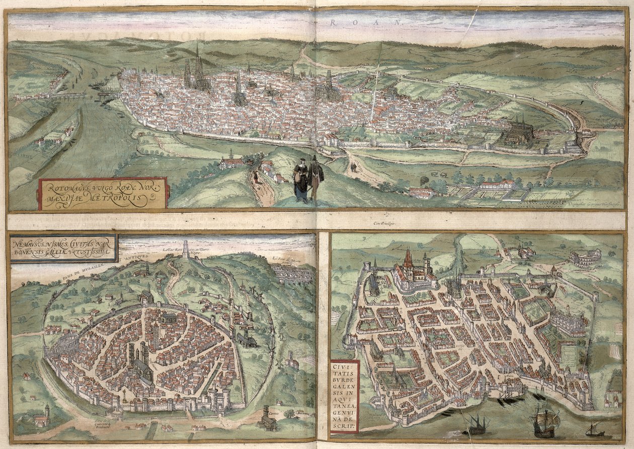 Georg Braun (1541-1622) ve Frans Hogenberg (1535-90), c.1572 tarafından 'Dünya Şehirleri'nden Rouen, Nimes ve Bordeaux Şehir Planları by Joris Hoefnagel