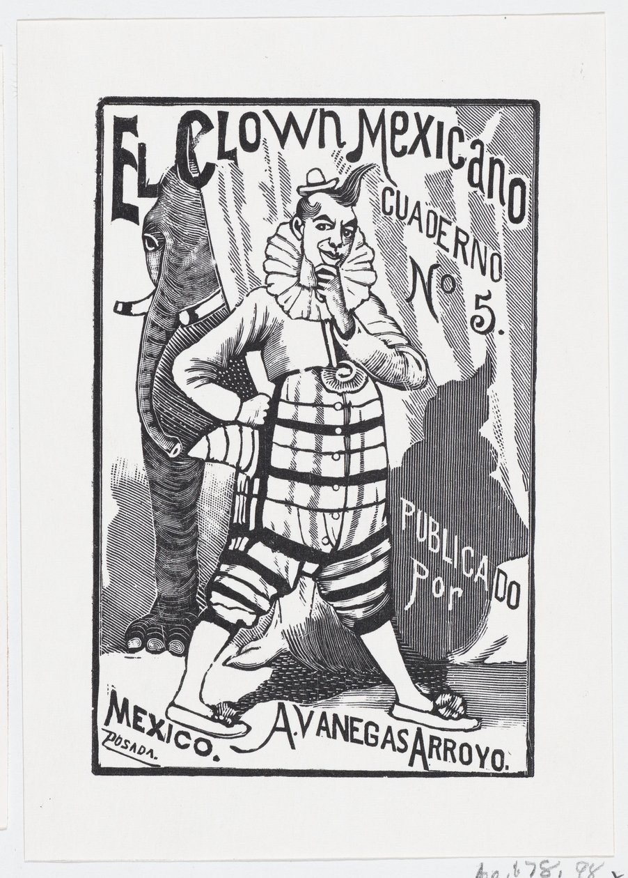 Bir eli kalçasında duran bir palyaço ve arkadan bakan bir fil..., ca. 1880-1910. by José Guadalupe Posada