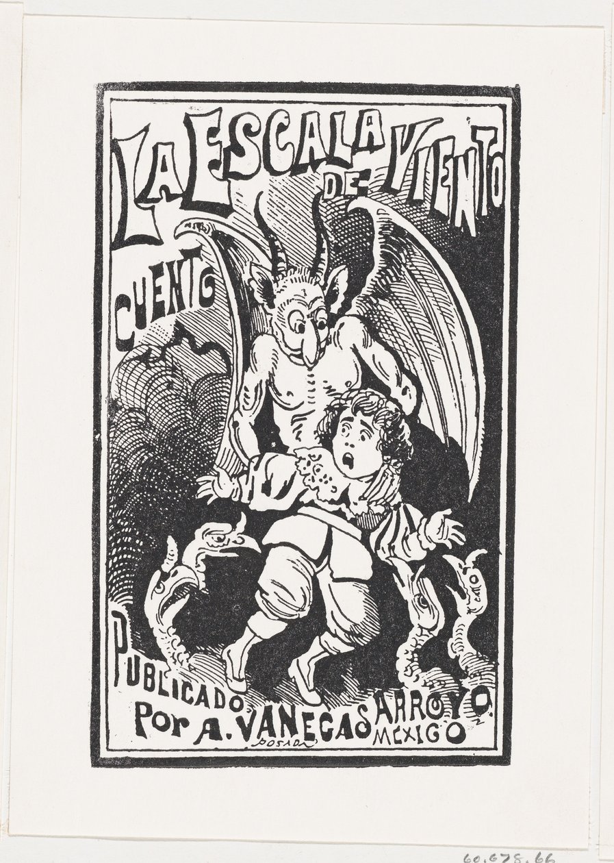 Bir grup akbaba üzerinde genç bir çocuğu omuzlarından tutan bir iblis, illustrati..., yakl. 1880-1910. by José Guadalupe Posada