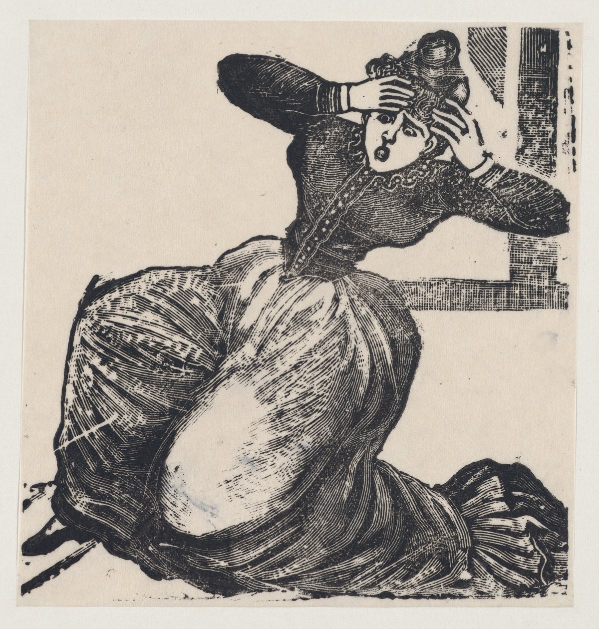 Elleri kafasına kaldırılmış, yerde nefes nefese bir kadın, bir bordadan..., 1893. by José Guadalupe Posada