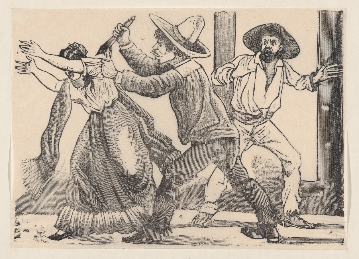 "Cinayet..., 1891" başlıklı bordadan bir kadını kolundan yakalayan ve bıçaklayan bir adam. by José Guadalupe Posada
