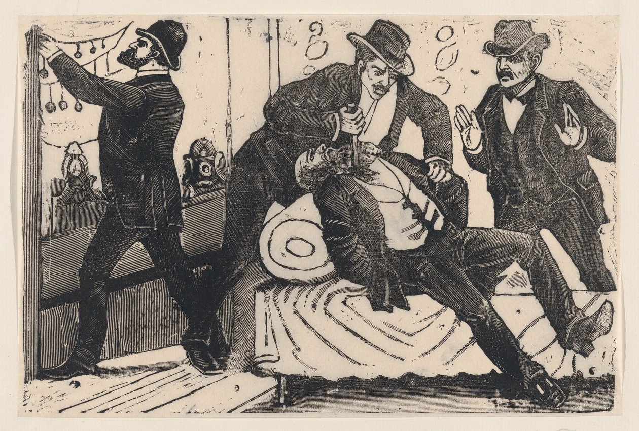 Arkadaşları bir mağazayı yağmalarken başka bir adamı göğsünden bıçaklayan bir adam, bir..., ca. 1890-1891. by José Guadalupe Posada