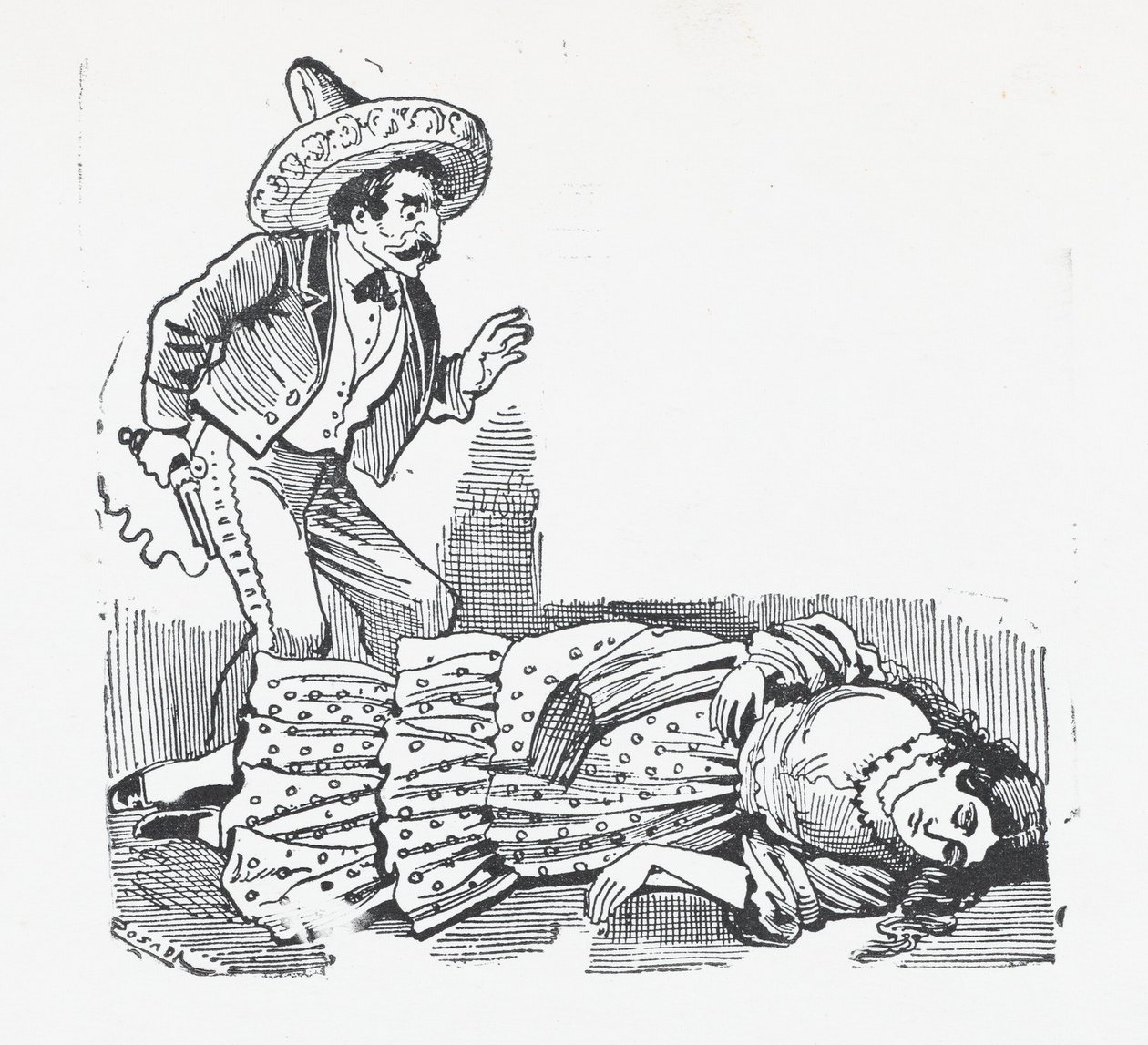 Silahlı bir adam, az önce vurduğu bir kadının tepesinde dikiliyor, ca. 1880-1910., ca. 1880-1910. by José Guadalupe Posada
