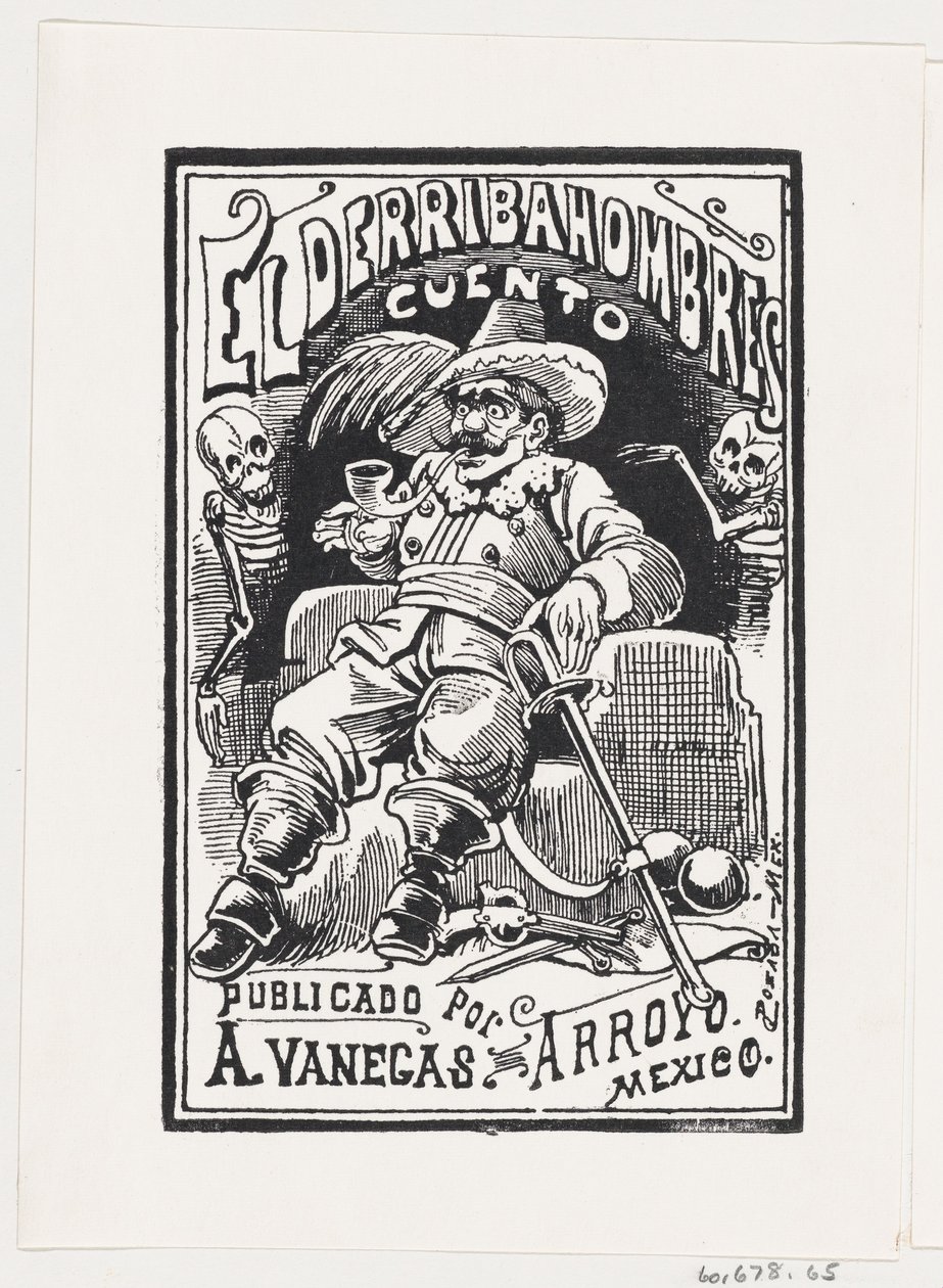 Silahlı ve ağzında pipo olan bir adam, iki iskeletle çevrili, illüstrasyon..., yakl. 1880-1910. by José Guadalupe Posada