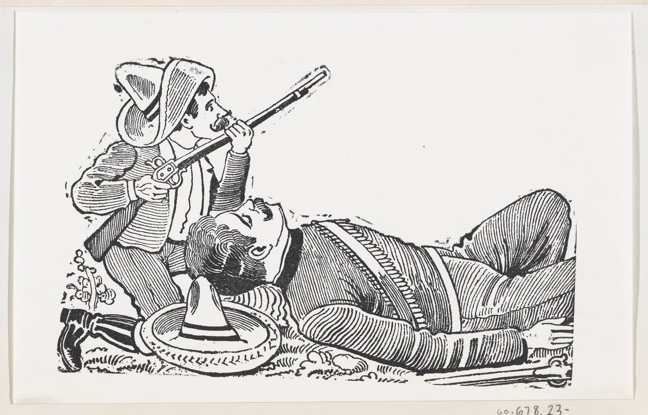 Düşmüş bir devrimciyi korumak için tüfek tutan ve diz çöken bir devrimci, c..., ca. 1880-1910. by José Guadalupe Posada