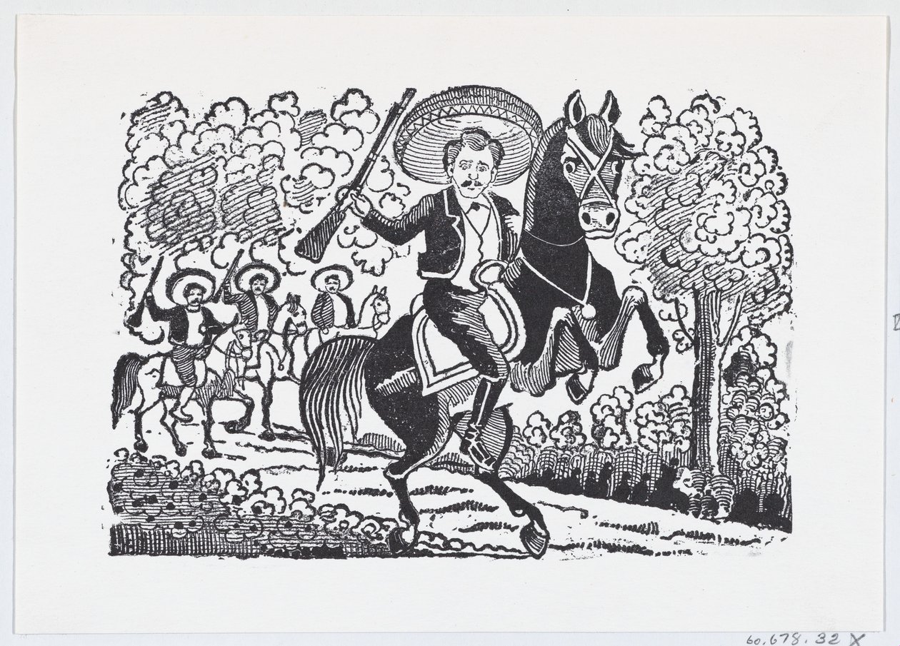 At sırtında tüfekli devrimci bir asker Heraclio Bernal, yaklaşık. 1880-1910., ca. 1880-1910. by José Guadalupe Posada