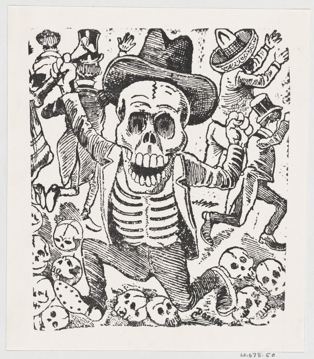 İnsanlar kaçarken bir kemik tutan ve bir kafatasları yığınının üzerinden sıçrayan bir iskelet, fr..., ca. 1907. by José Guadalupe Posada