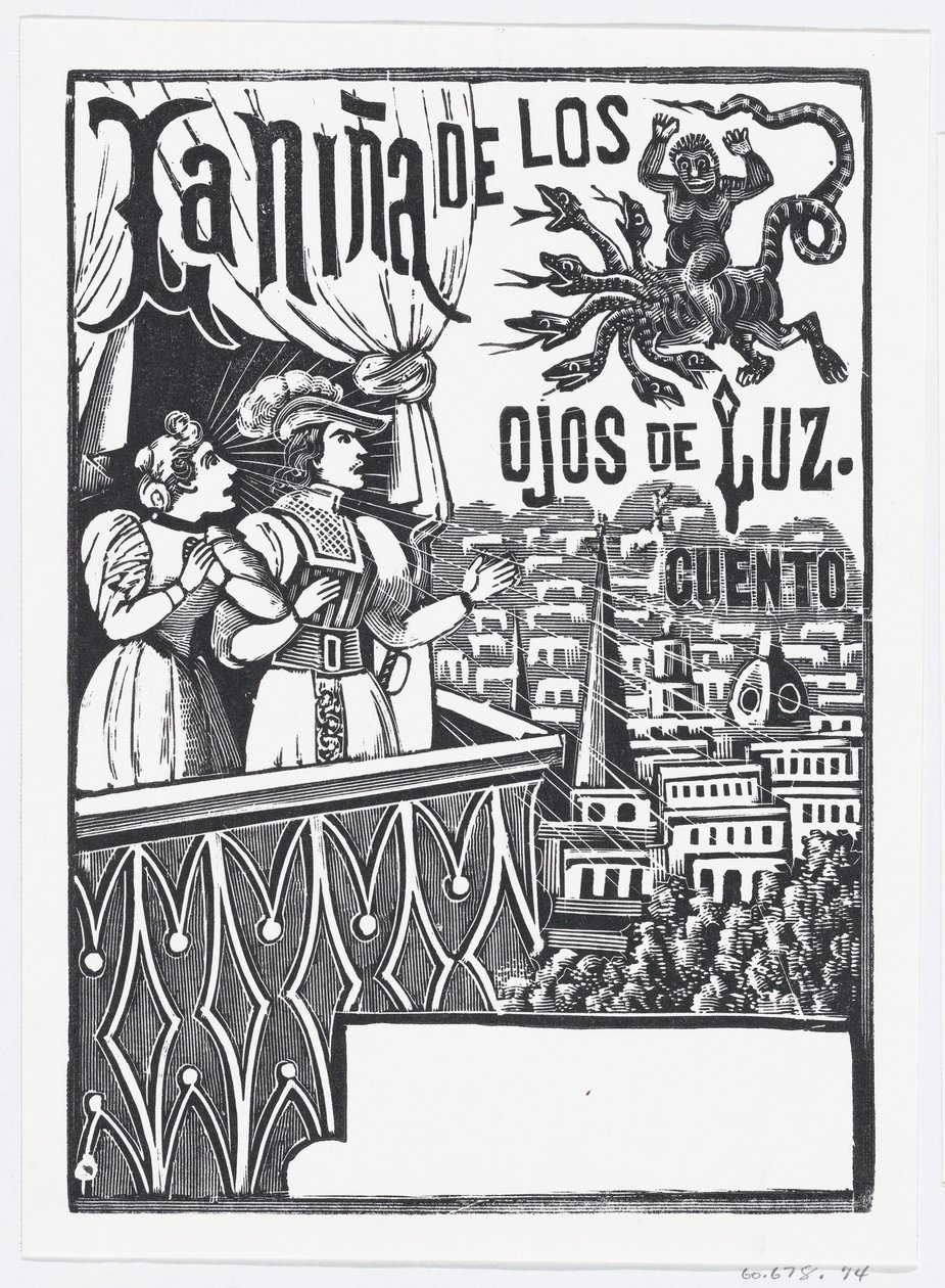 Bir kadın ve bir adam balkonda durmuş gökyüzünde uçan bir canavara bakıyor..., yakl. 1880-1910. by José Guadalupe Posada