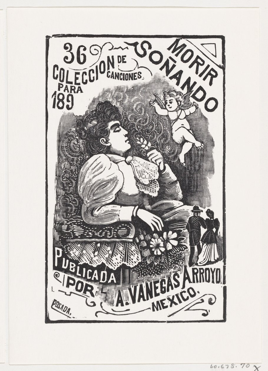 Başını arkaya atmış bir sandalyede oturan ve elinde çiçek tutan bir kadının profili, il..., ca. 1890. by José Guadalupe Posada