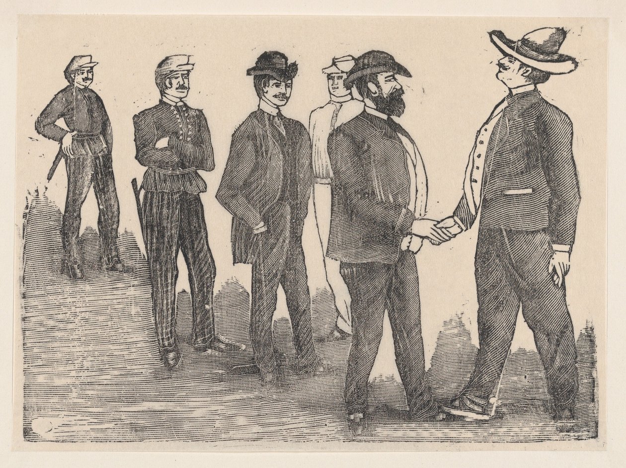 Ön planda el sıkışan iki adam ve arka planda onları izleyen memurlar..., ca. 1880-1910. by José Guadalupe Posada