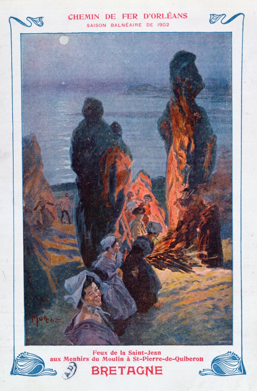 Saint-Pierre-de-Quiberon, Brittany'de yaz gündönümünü kutlamak için yakılan şenlik ateşleri, Orleans Demiryolu için afiş reklamı, 1902 by Jose Moreno Carbonero